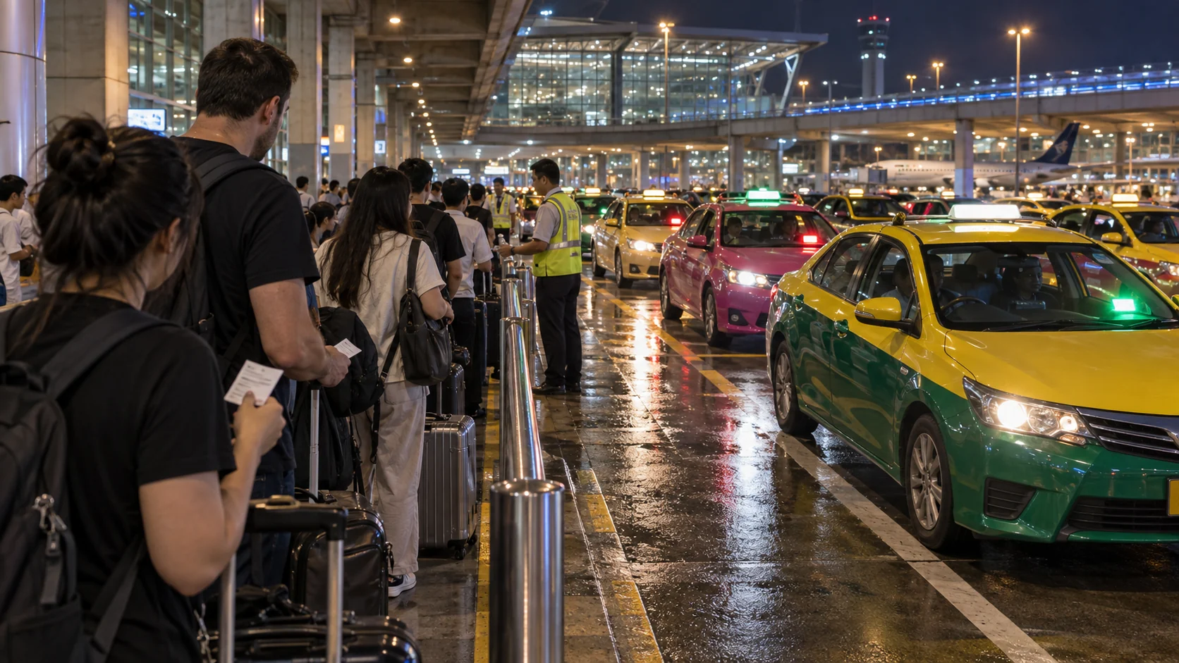 Travelers waiting in the official taxi queue at Suvarnabhumi Airport at night