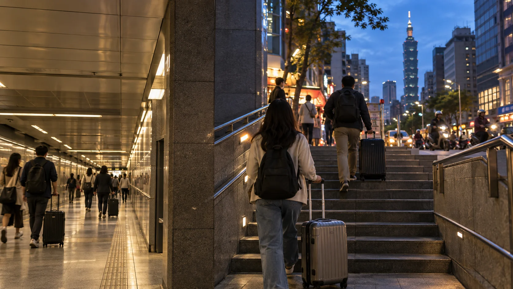 Travelers carrying luggage from Taipei Main Station toward the city at dusk