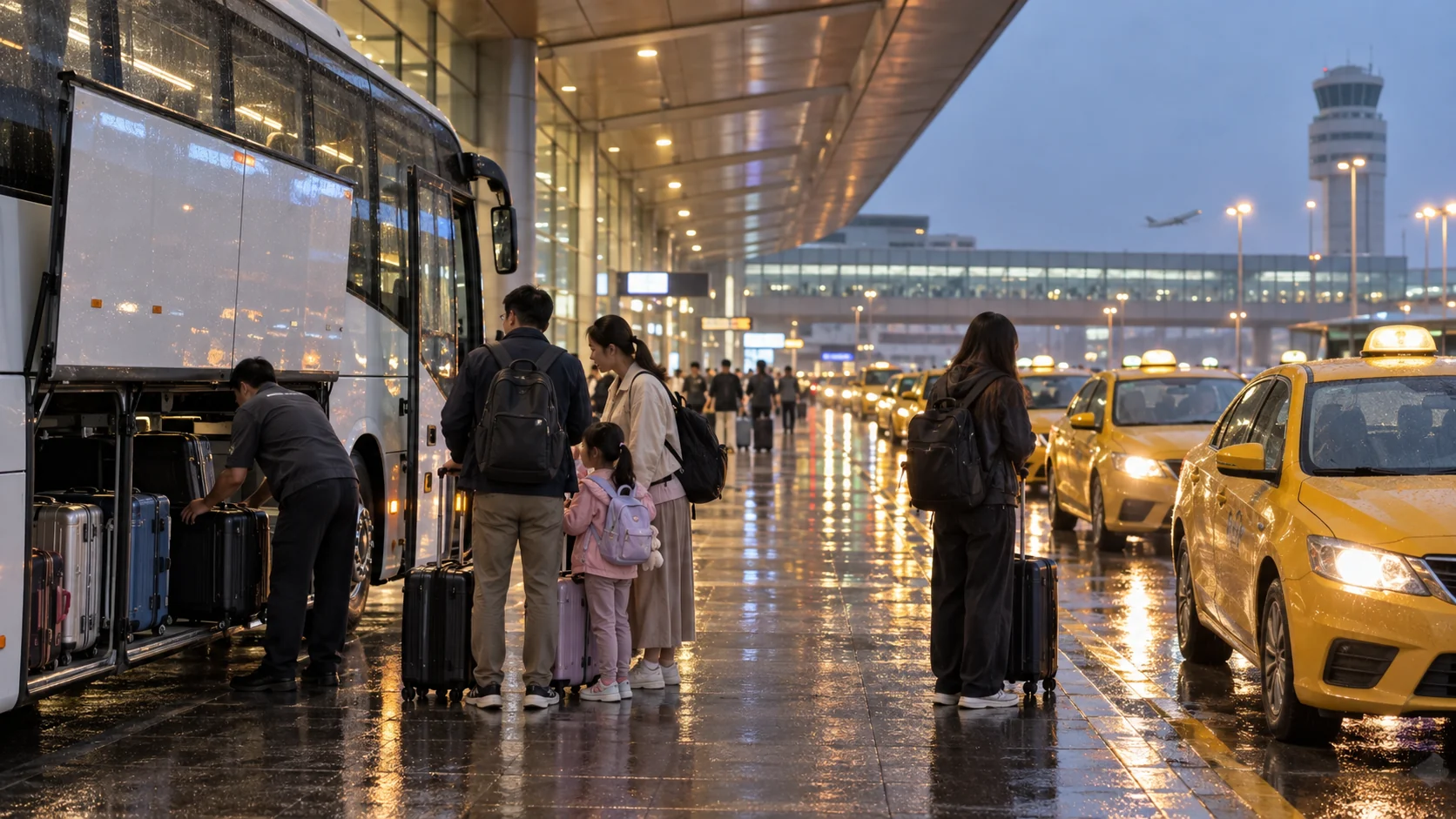 Airport coach and yellow taxis outside Taoyuan Airport during rain