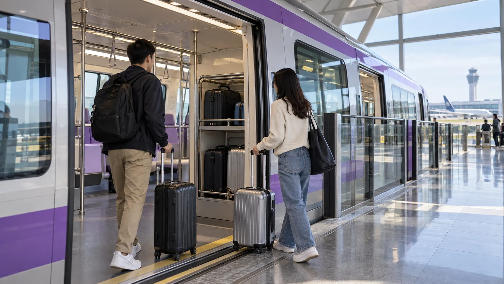 Travelers boarding the Taoyuan Airport MRT Express with rolling luggage