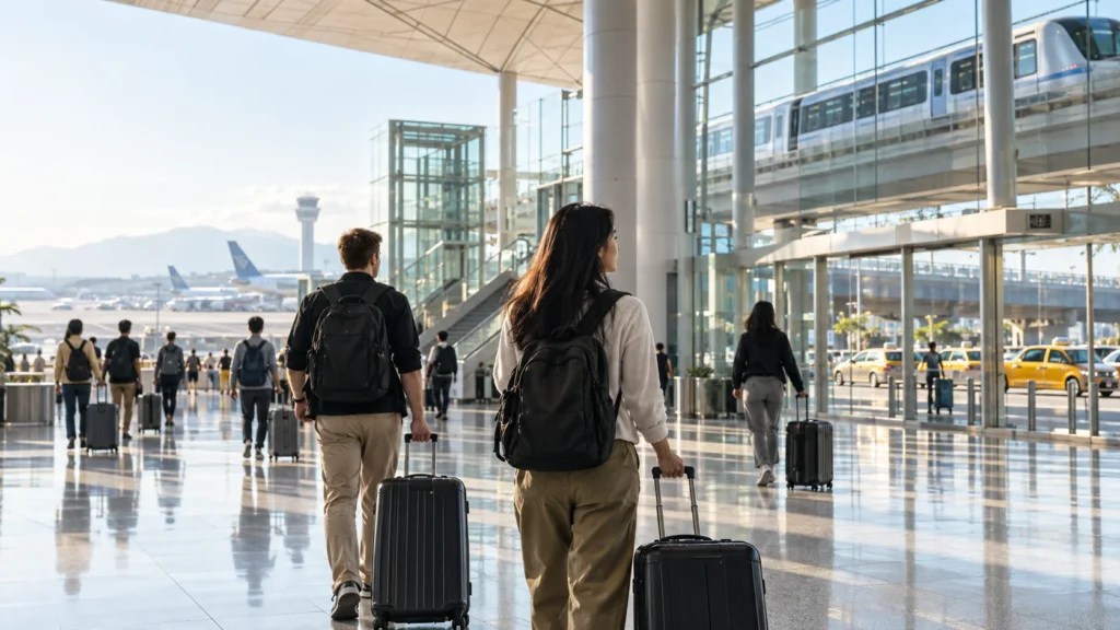 Travelers with suitcases choosing transport at Taiwan Taoyuan International Airport