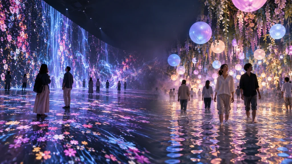 Split view comparing a dry immersive art room and a barefoot water experience in Tokyo