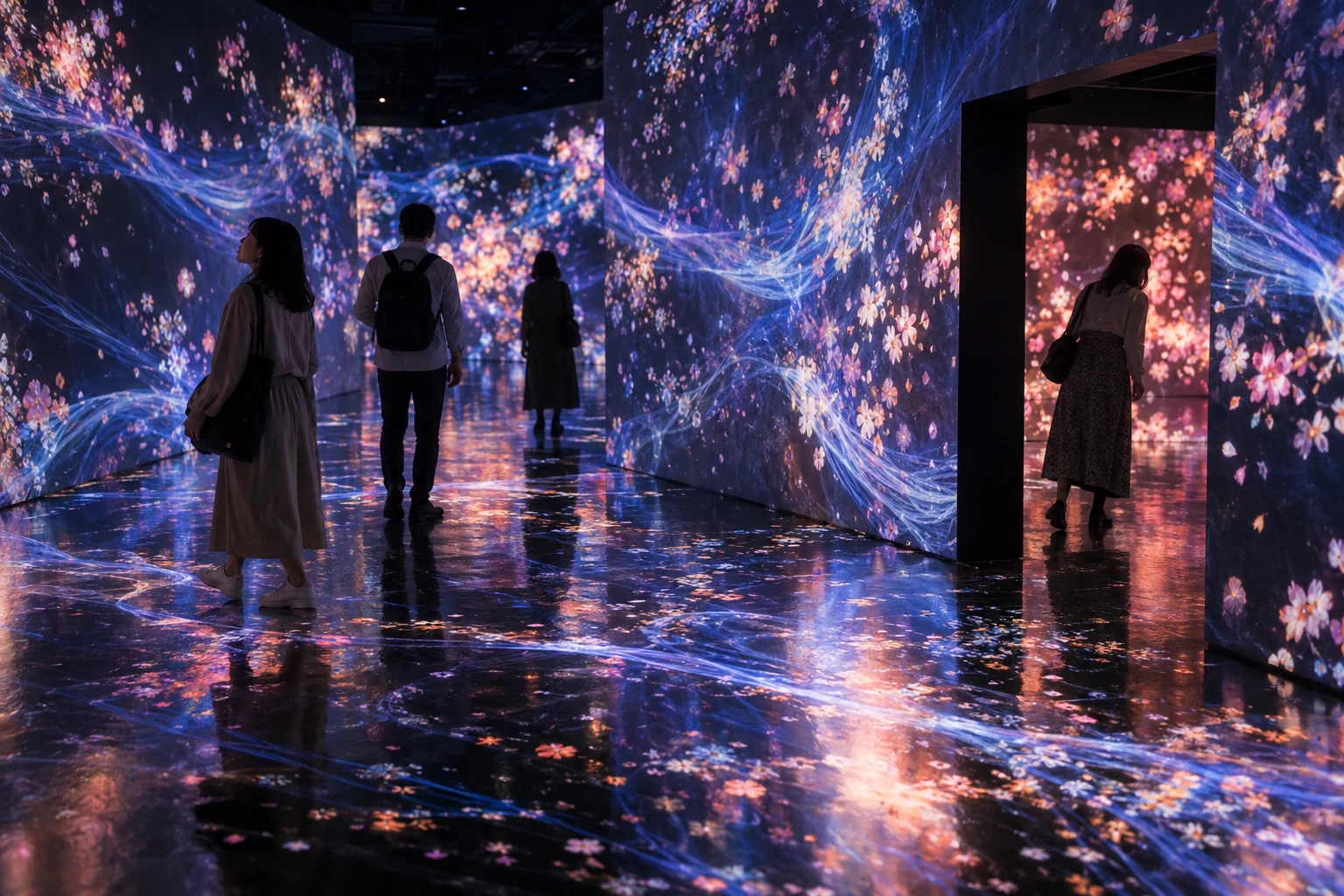 Visitors exploring the map-free rooms at teamLab Borderless