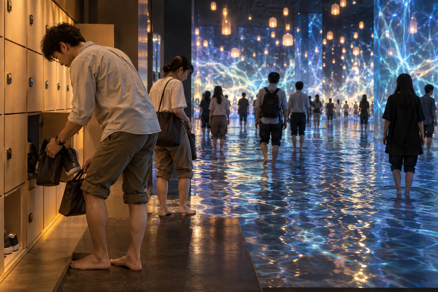 Traveler using lockers before the barefoot water route at teamLab Planets