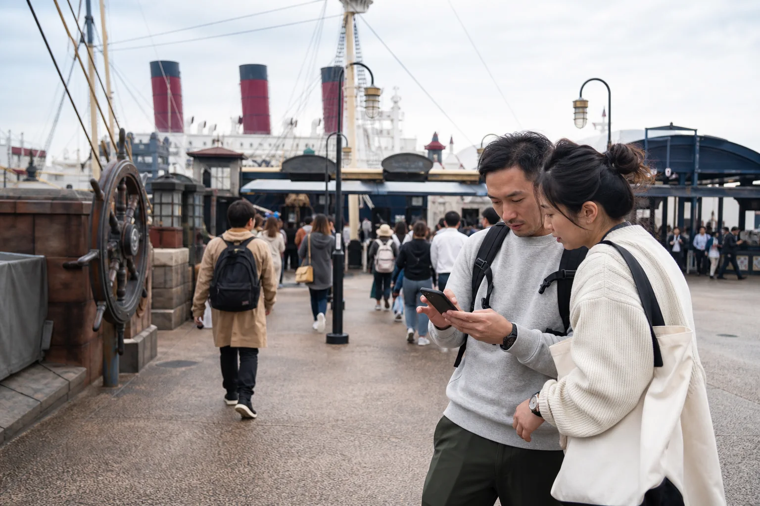 Travelers checking a smartphone inside a Japanese waterfront theme park