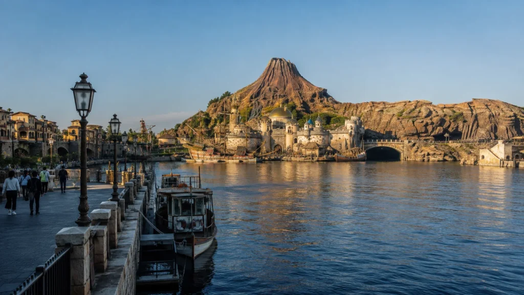 Tokyo DisneySea Mediterranean Harbor and volcanic mountain in morning light