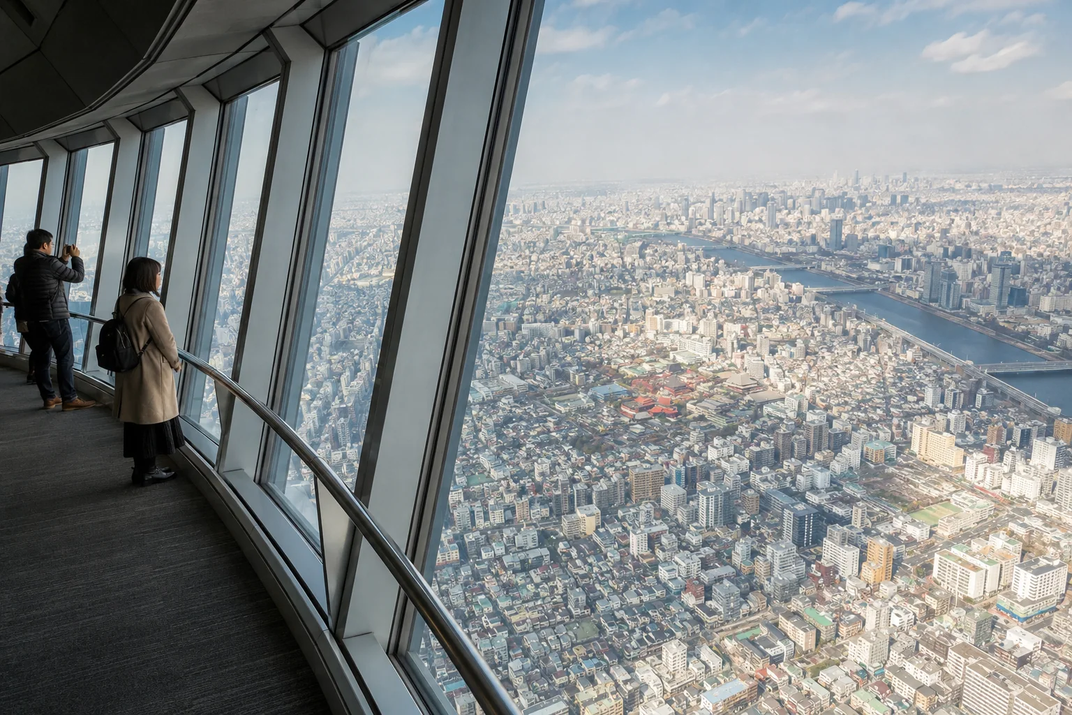 Travelers looking over Asakusa and the Sumida River from an enclosed Tokyo Skytree-style observation deck