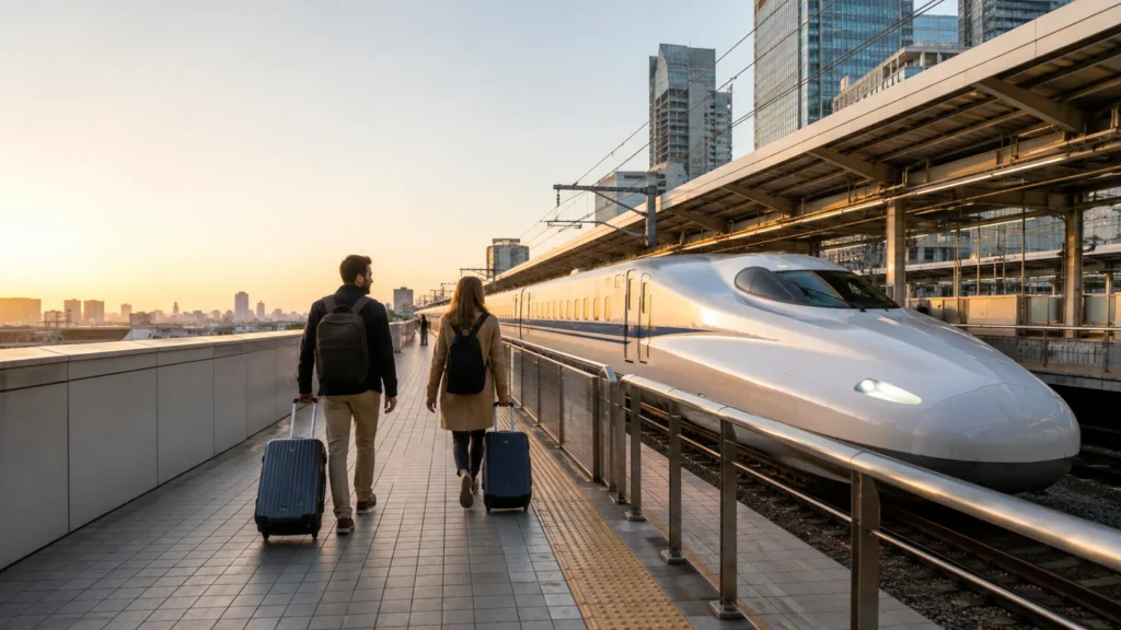 Travelers with luggage boarding a Shinkansen from Tokyo to Kyoto