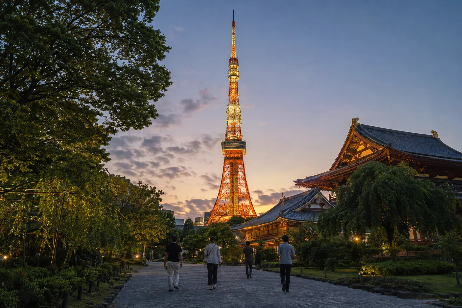 Tokyo Tower rising behind temple roofs and trees near Shiba Park in the early evening
