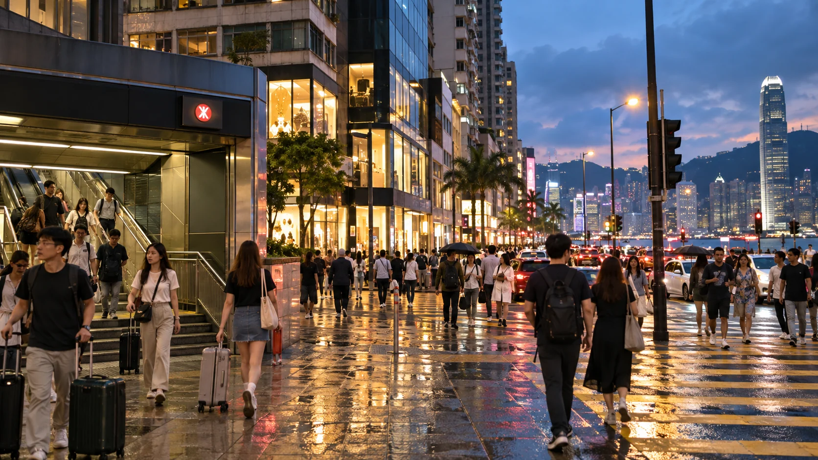 Travelers with luggage walking through Tsim Sha Tsui after rain at dusk