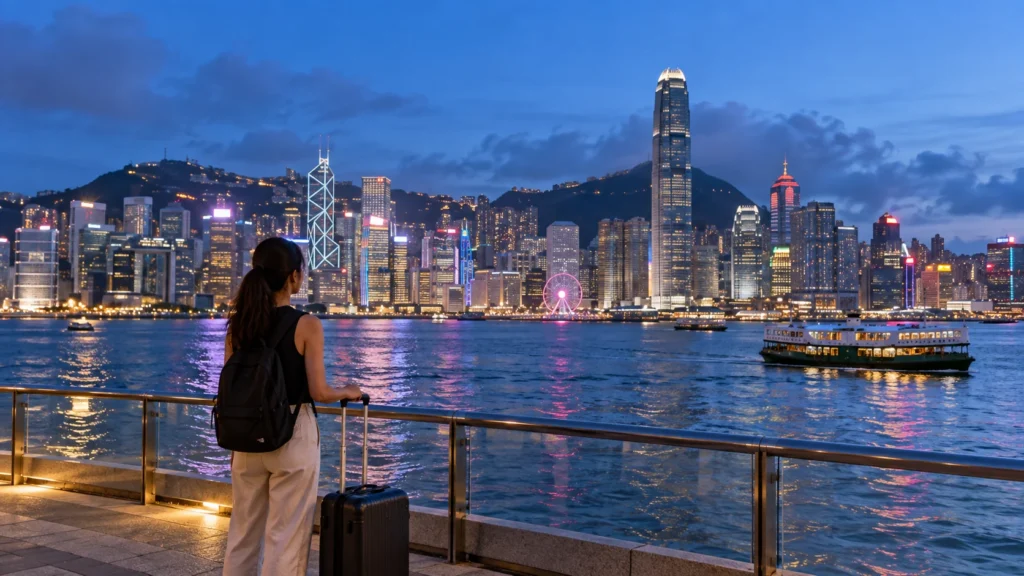 Traveler with a suitcase looking across Victoria Harbour at the Hong Kong skyline