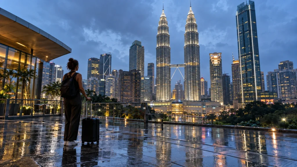 Traveler with a suitcase looking at the Petronas Twin Towers after rain in Kuala Lumpur