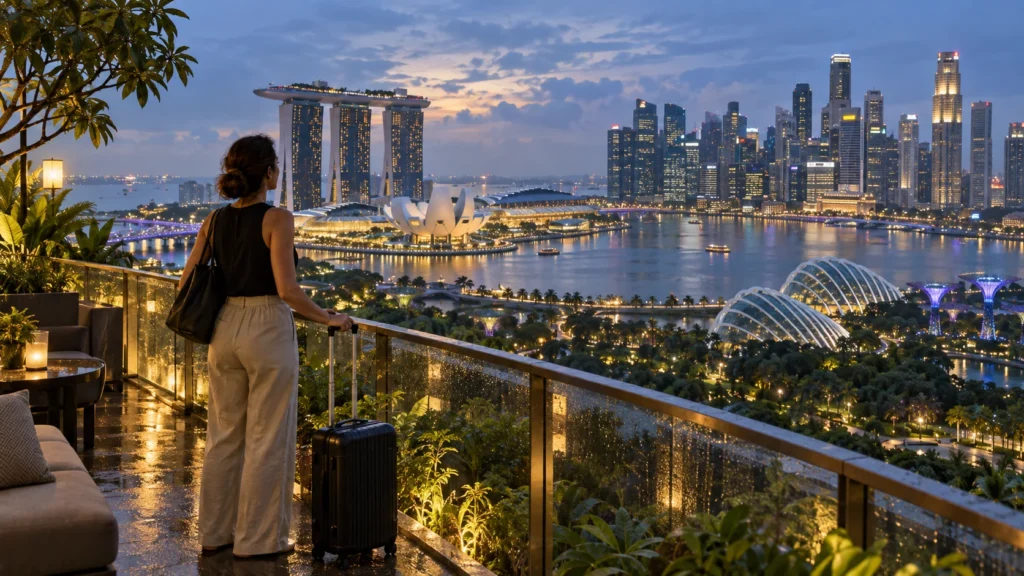 Traveler with luggage looking over Singapore Marina Bay at blue hour