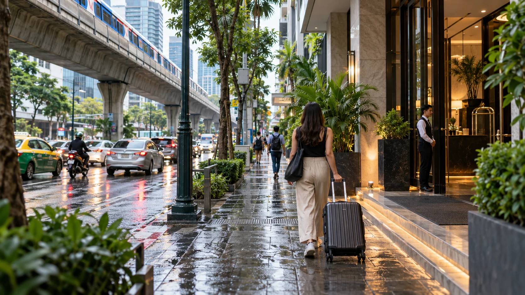Traveler with luggage on a Bangkok Sukhumvit sidewalk beneath an elevated railway