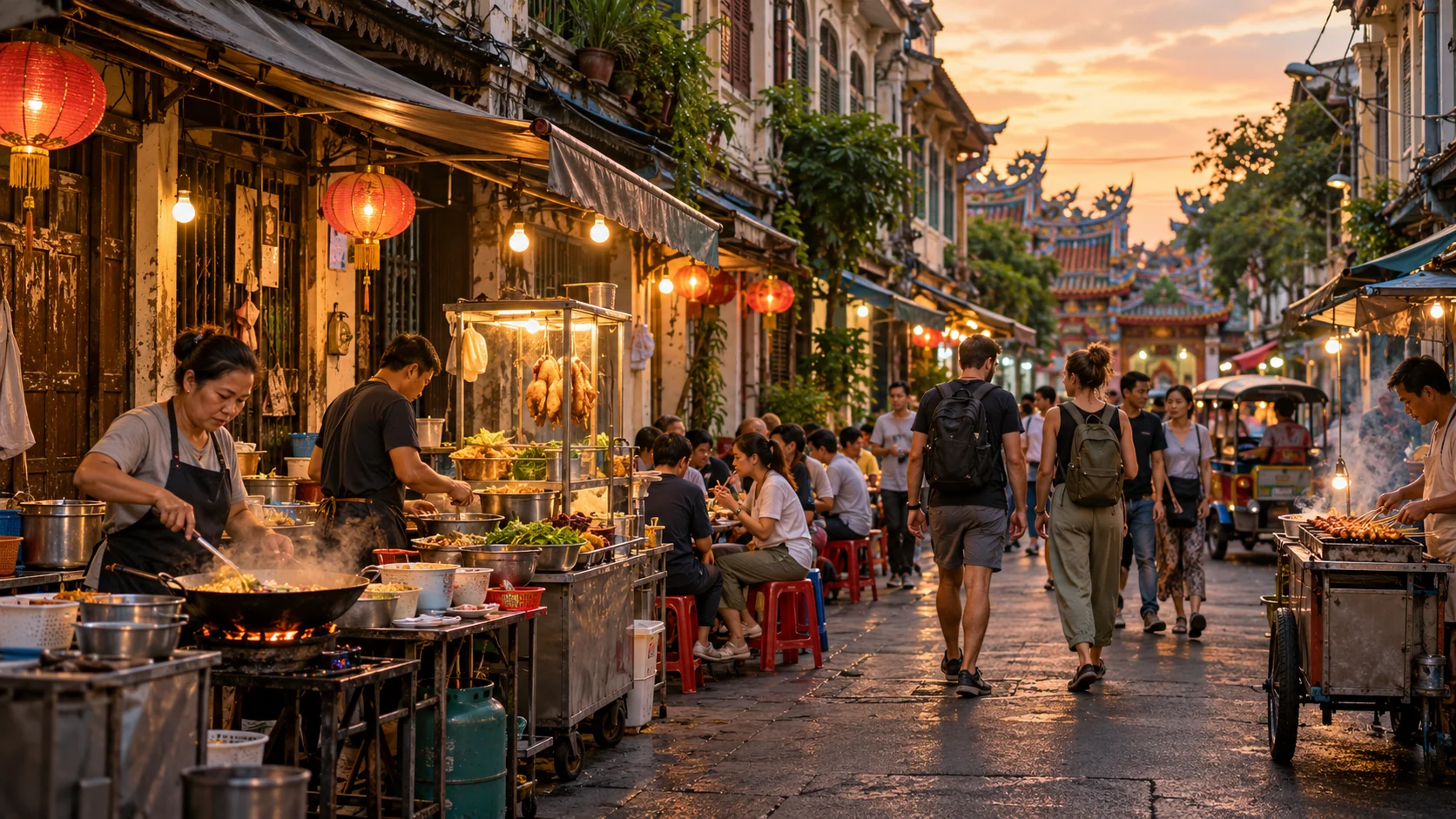 Travelers walking past food stalls and historic shophouses in Bangkok Chinatown at evening