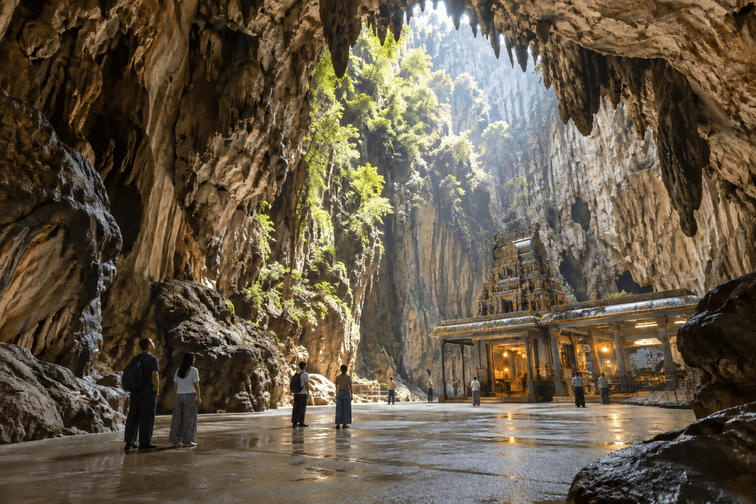 AI illustration of a large Malaysian limestone cave chamber with daylight, distant shrine architecture and quietly standing visitors