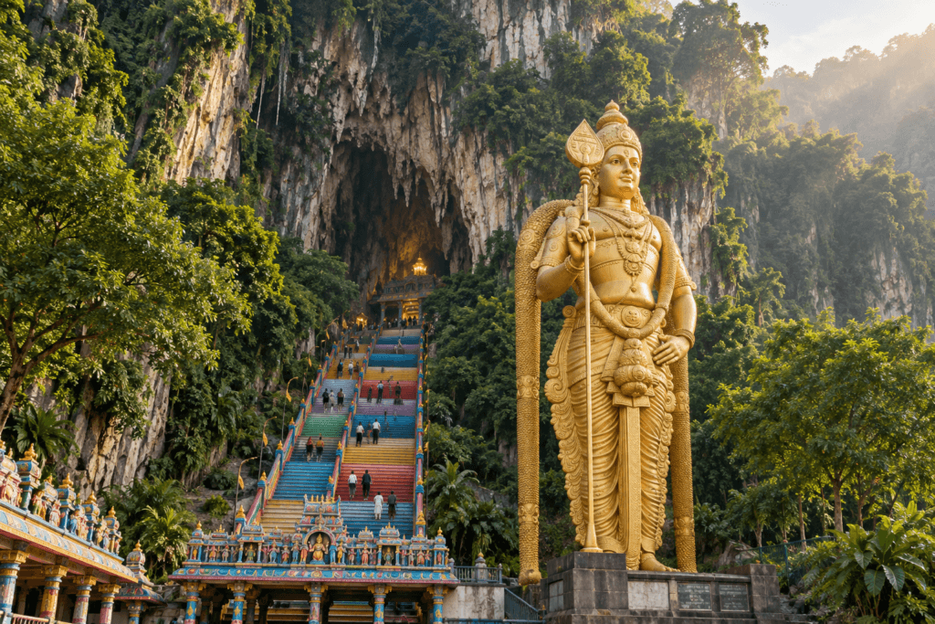 AI illustration inspired by Batu Caves with a golden Murugan statue, colourful stairs and a tropical limestone cliff