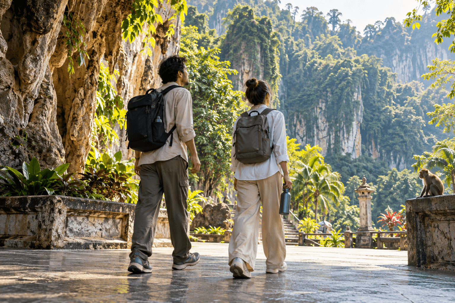 AI illustration of travellers wearing sleeved tops and loose long trousers with a closed day bag near a tropical limestone hillside