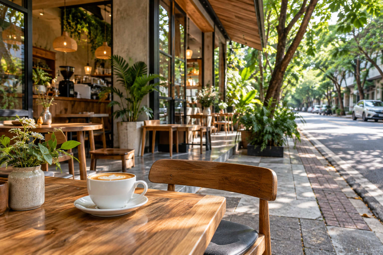 AI illustration of a leafy Nimman-inspired cafe frontage in Chiang Mai
