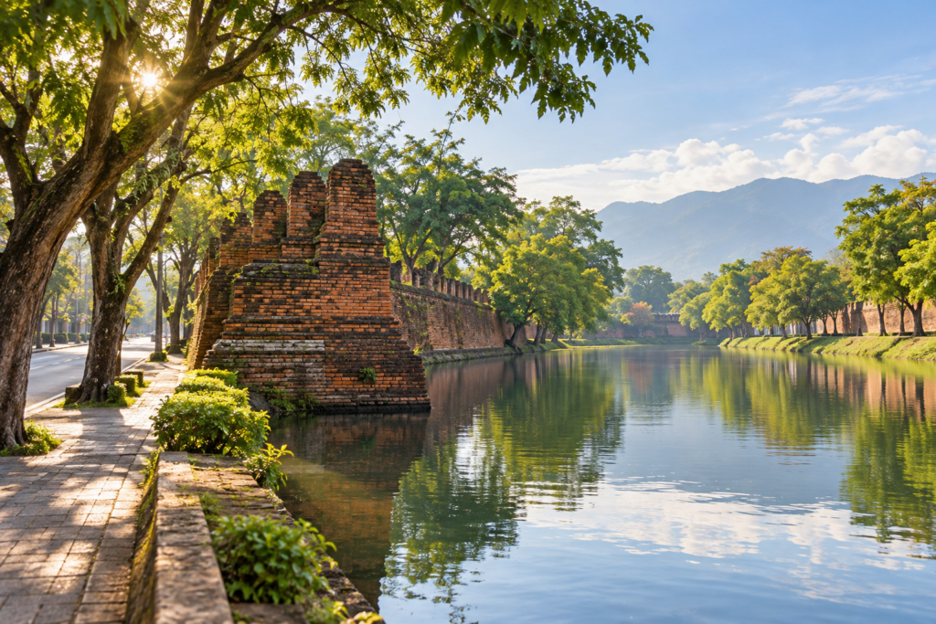 AI illustration inspired by Chiang Mai's Old City moat with brick wall fragments and leafy streets