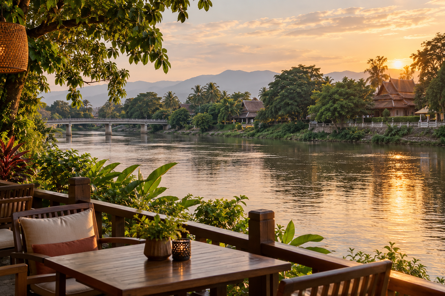 AI illustration inspired by Chiang Mai's Ping River with a leafy bank and terrace