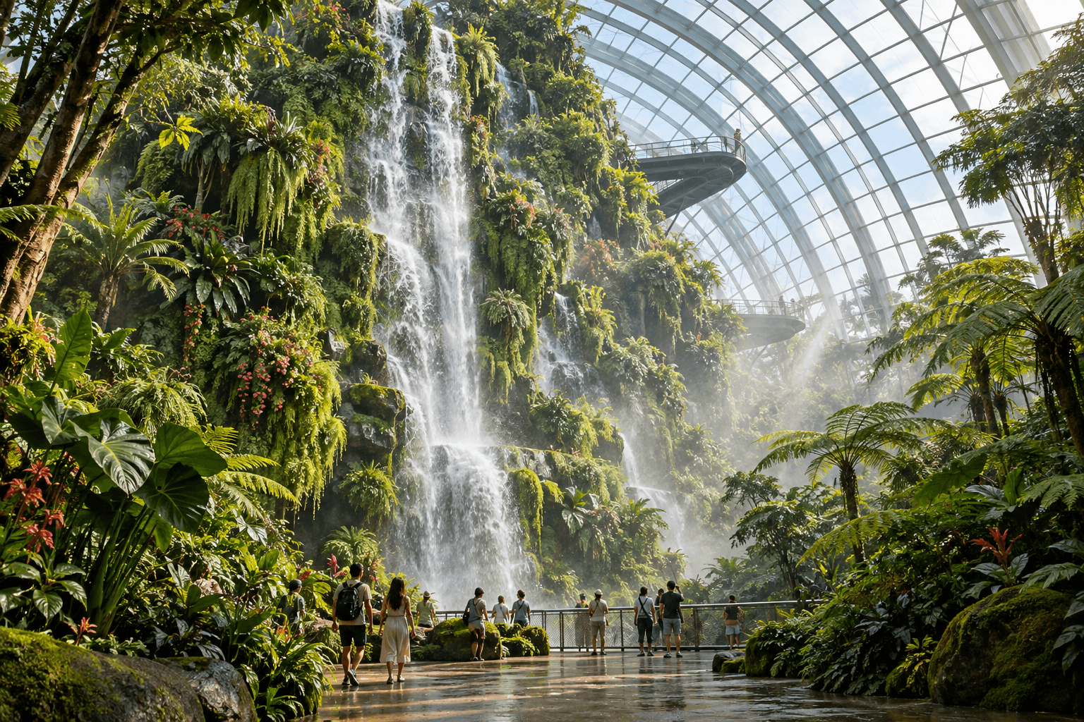 AI illustration of an indoor waterfall and lush planted mountain beneath a glass conservatory roof