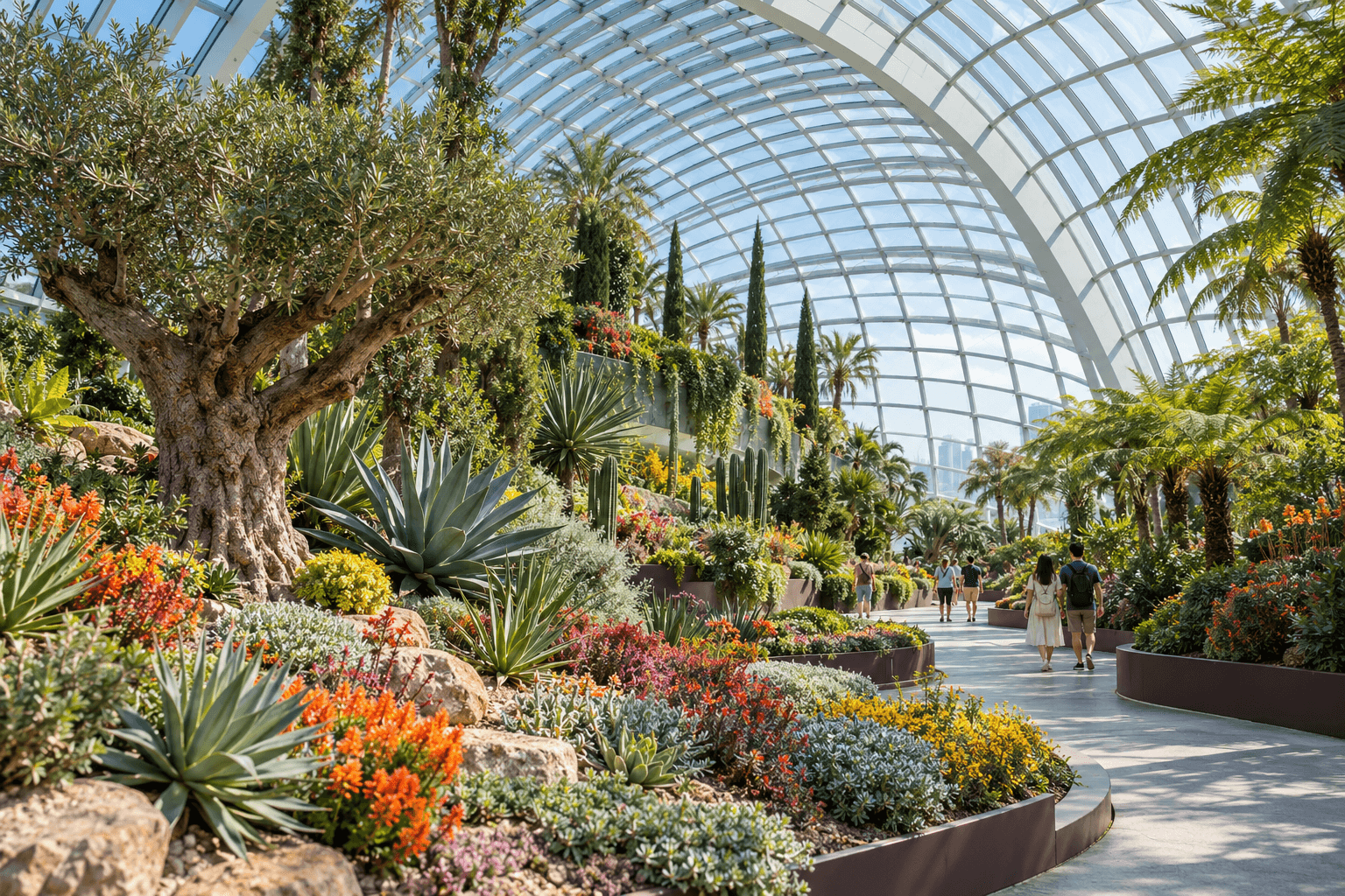 AI illustration of colorful flower beds beneath a broad glass conservatory roof