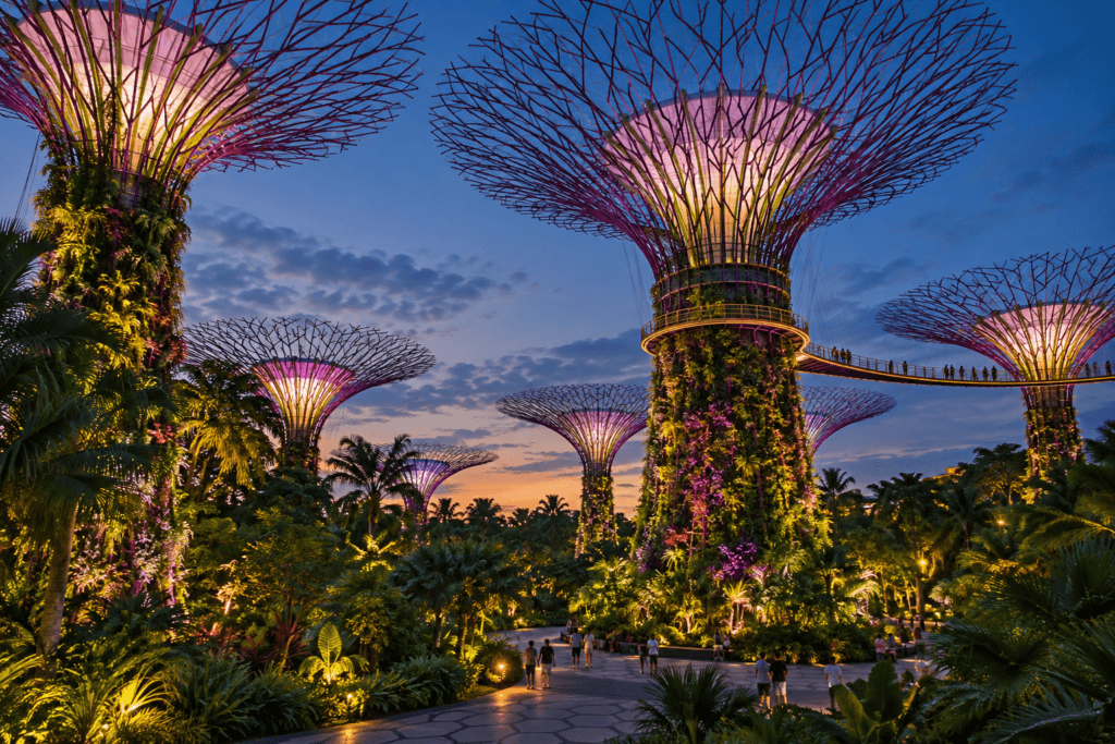 AI illustration inspired by illuminated Supertrees at Singapore Gardens by the Bay at blue hour