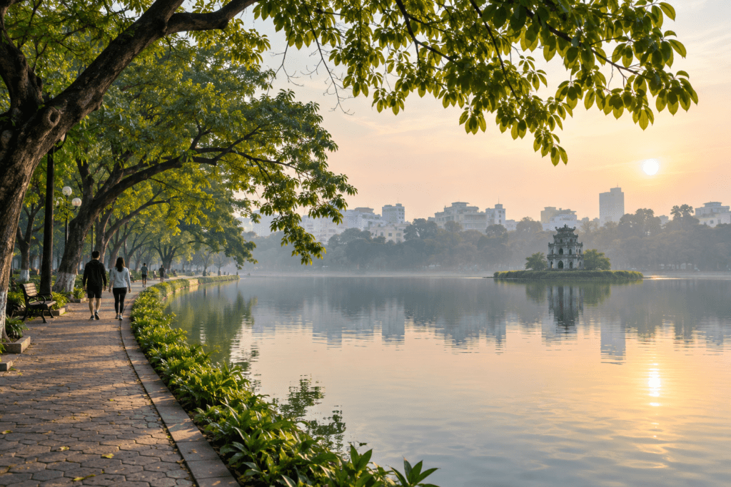 AI illustration inspired by Hoan Kiem Lake in Hanoi with leafy waterside paths and morning light