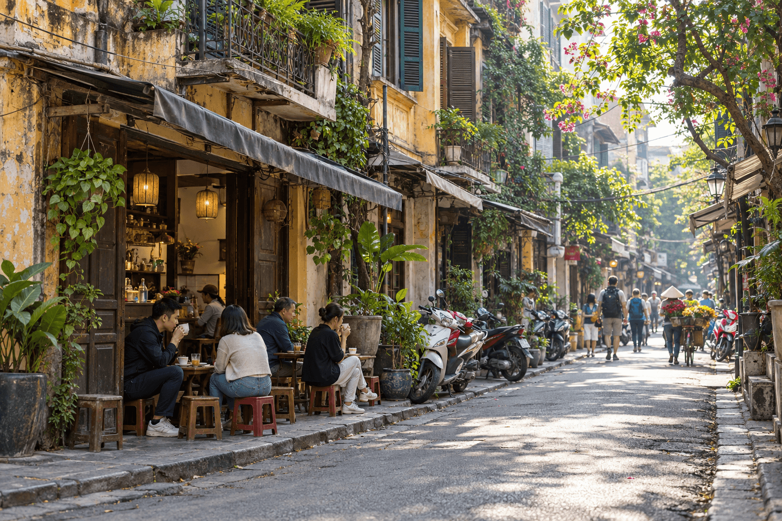 AI illustration inspired by a Hanoi Old Quarter street with shophouses, a small cafe and parked scooters