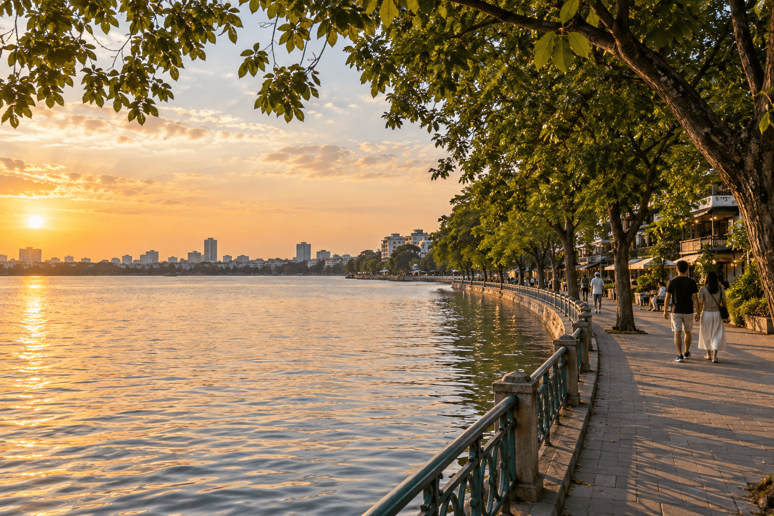 AI illustration inspired by Hanoi West Lake with a tree-lined lakeside walkway in warm evening light