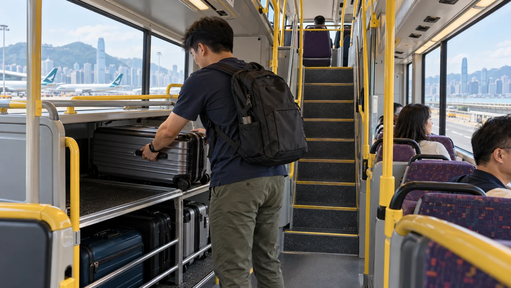 Illustration of a traveler placing a suitcase in a double-decker airport bus luggage rack