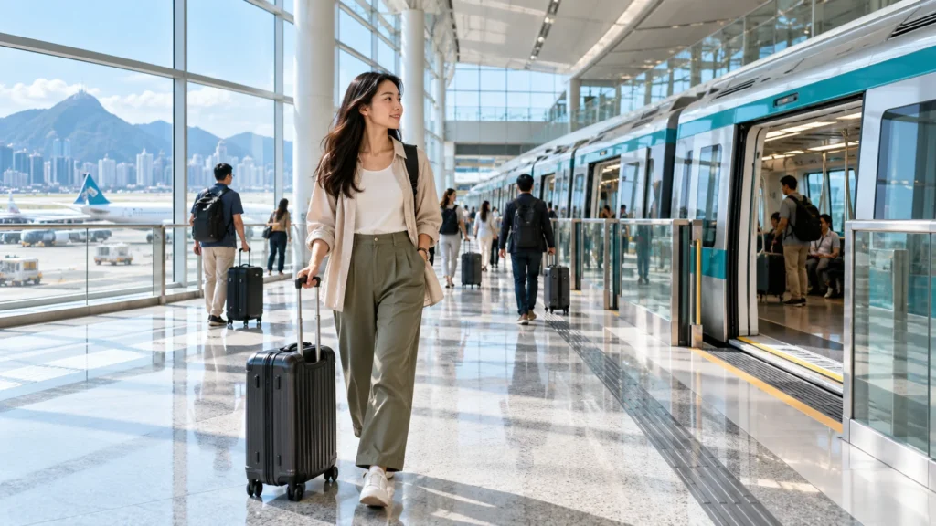 Illustration of a traveler with luggage beside an airport train in Hong Kong