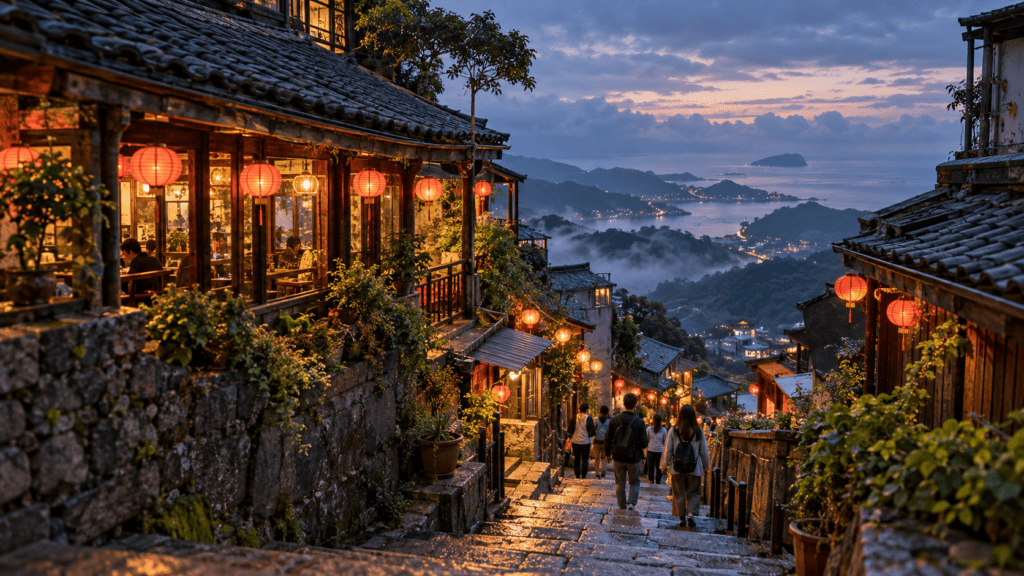 AI illustration of lantern-lit hillside stone steps and coastal views inspired by Jiufen