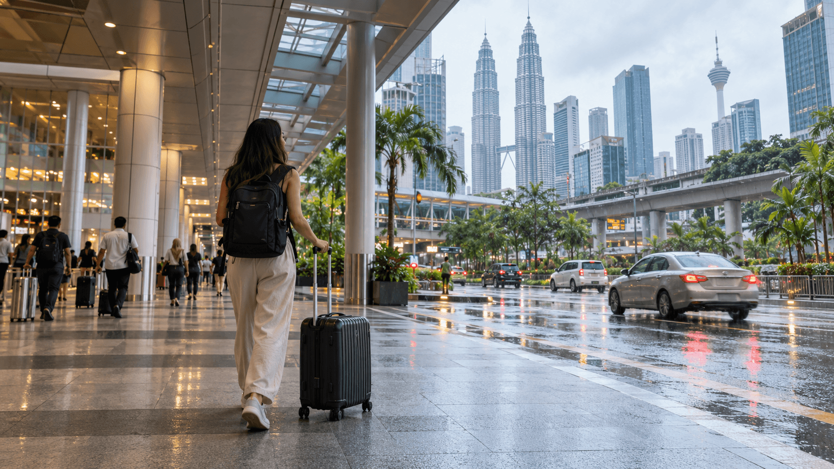 AI illustration of a traveler with luggage under cover beside a rainy Kuala Lumpur street
