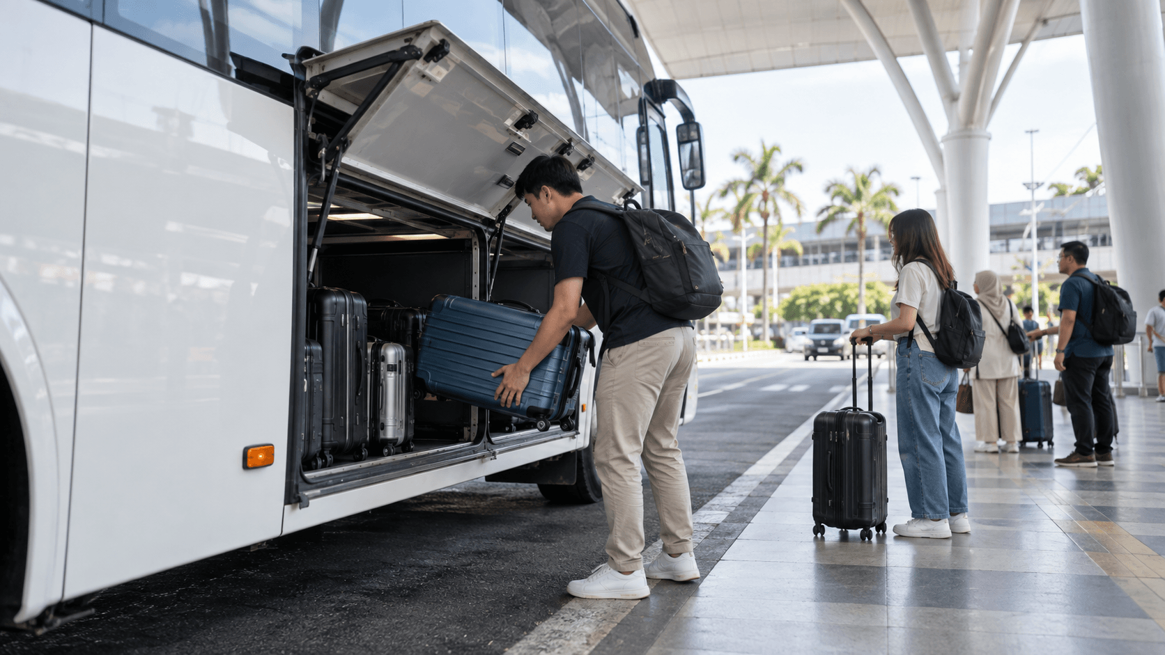 AI illustration of a traveler loading a suitcase into an airport coach luggage compartment