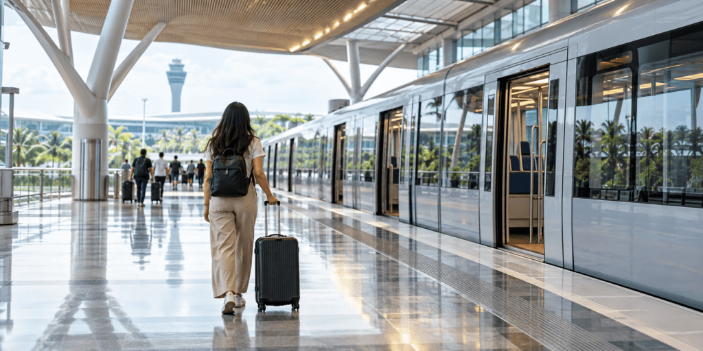 AI illustration of a traveler with a suitcase beside an airport train in a tropical terminal