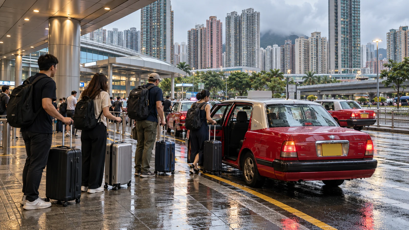 Illustration of travelers with luggage choosing a taxi outside a modern Kowloon transport hub
