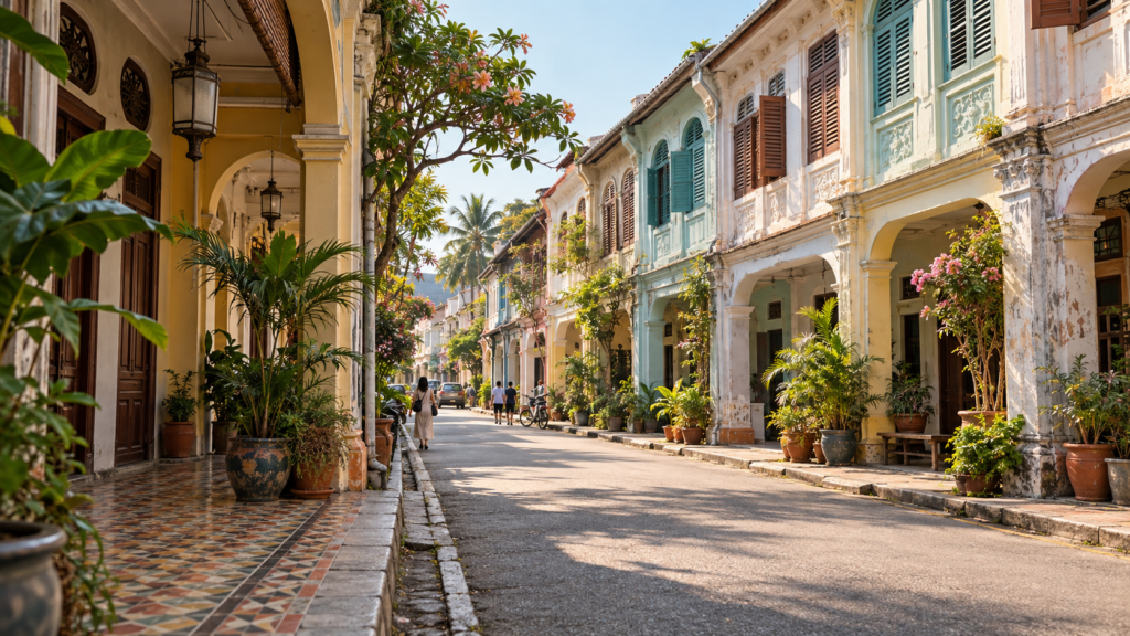 AI illustration of a fictional tropical shophouse street inspired by George Town in Penang