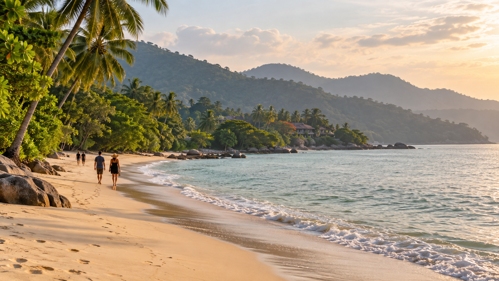 AI illustration of a fictional palm-lined tropical shoreline inspired by Penang's northern coast