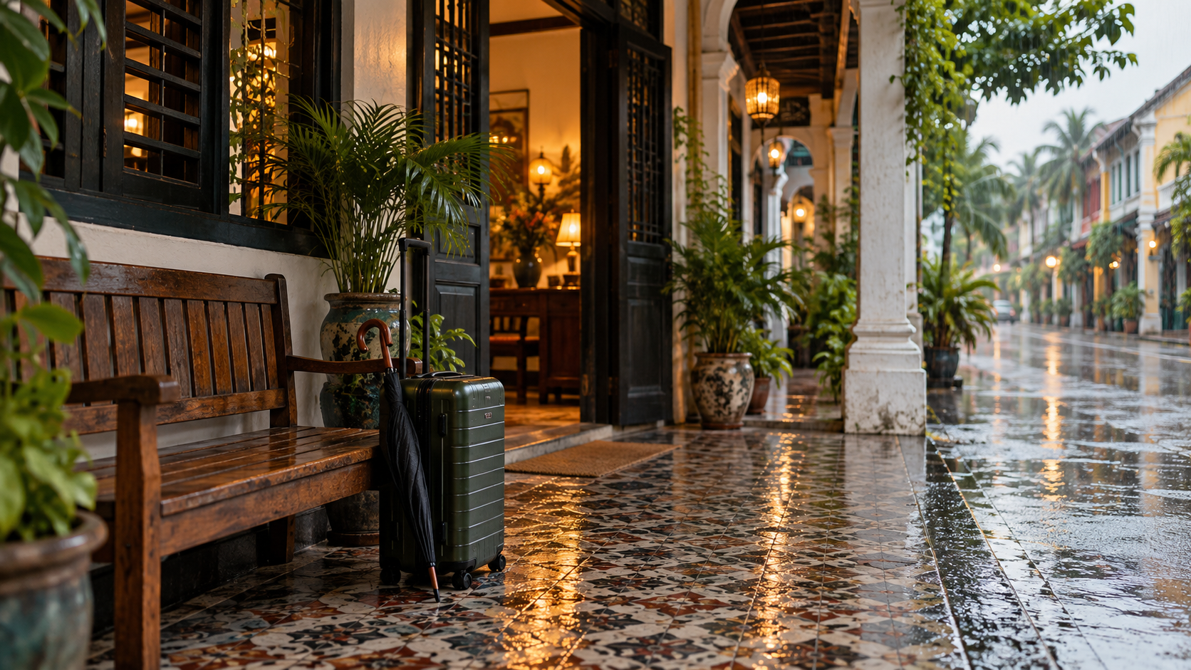 AI illustration of a suitcase and umbrella under the sheltered entrance of a fictional tropical boutique hotel