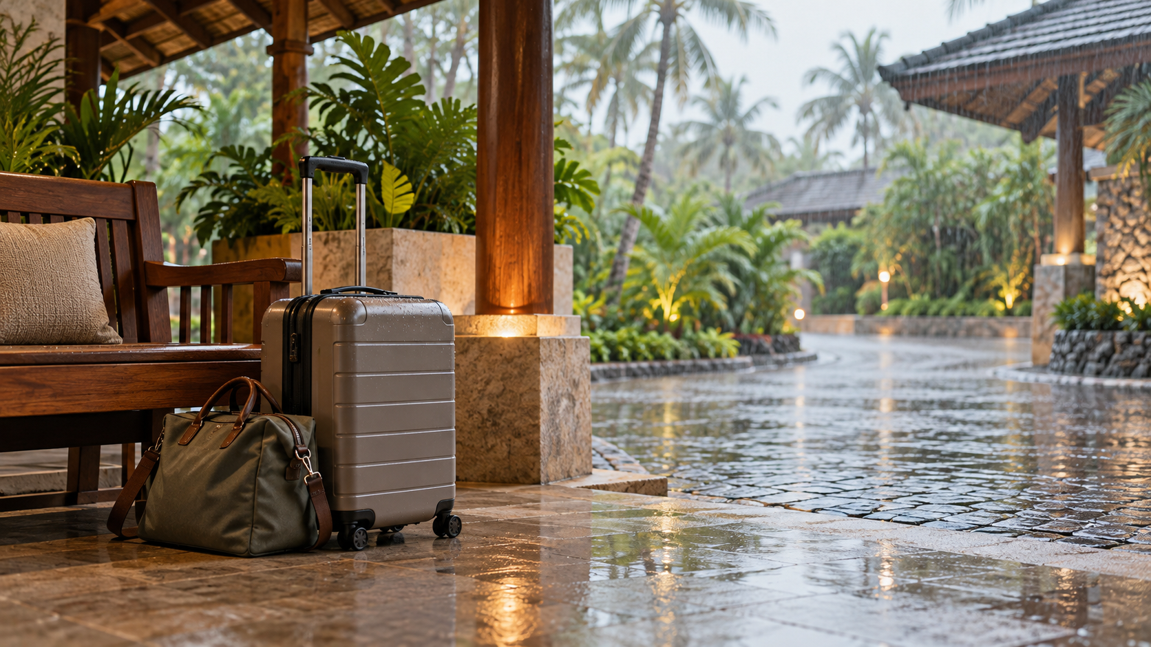 AI illustration of plain luggage beside a bench at the covered entrance of a fictional tropical resort during rain