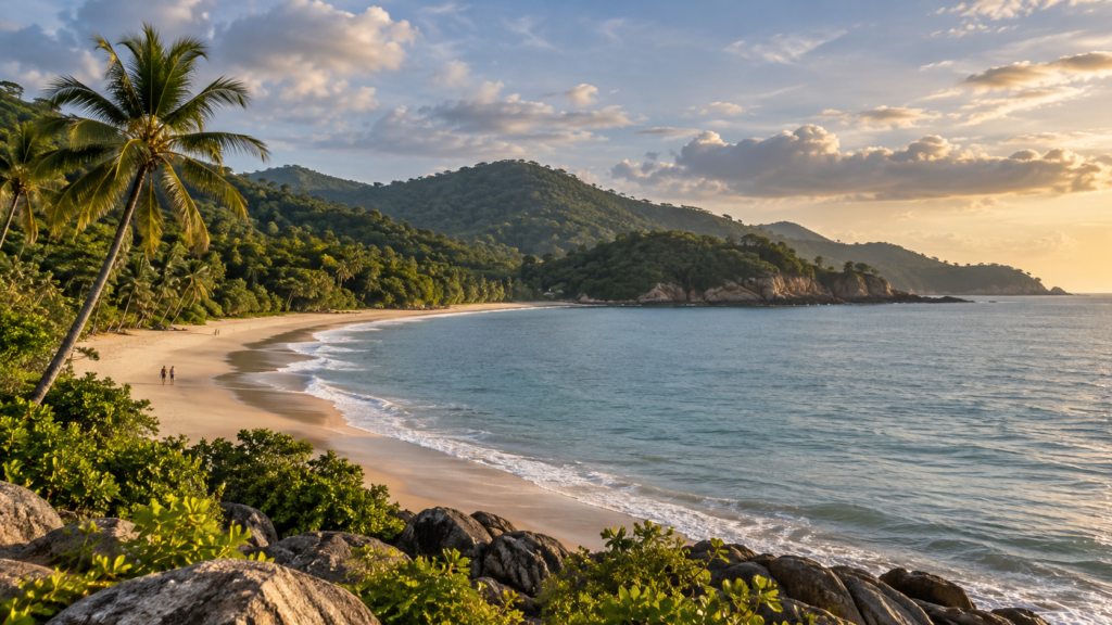 AI illustration of a fictional tropical bay inspired by Phuket's west coast with sand and forested hills