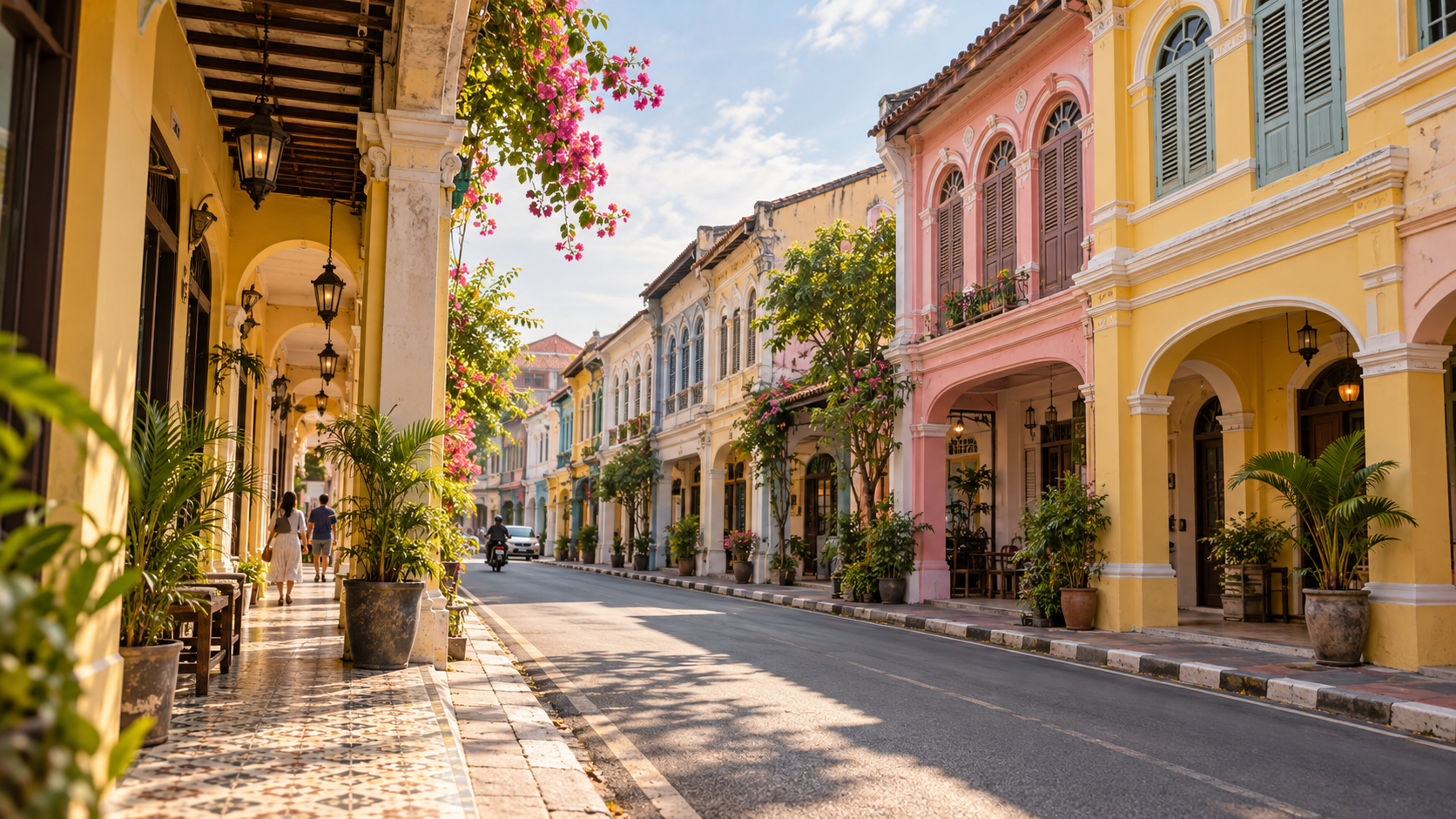 AI illustration of a fictional colorful shophouse street inspired by Phuket Old Town