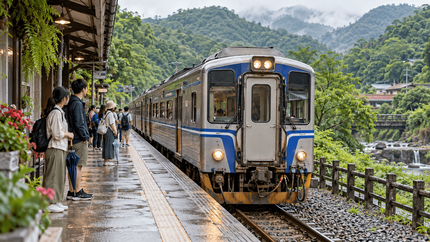 AI illustration of travelers waiting safely on a small Taiwan railway platform beside a local train
