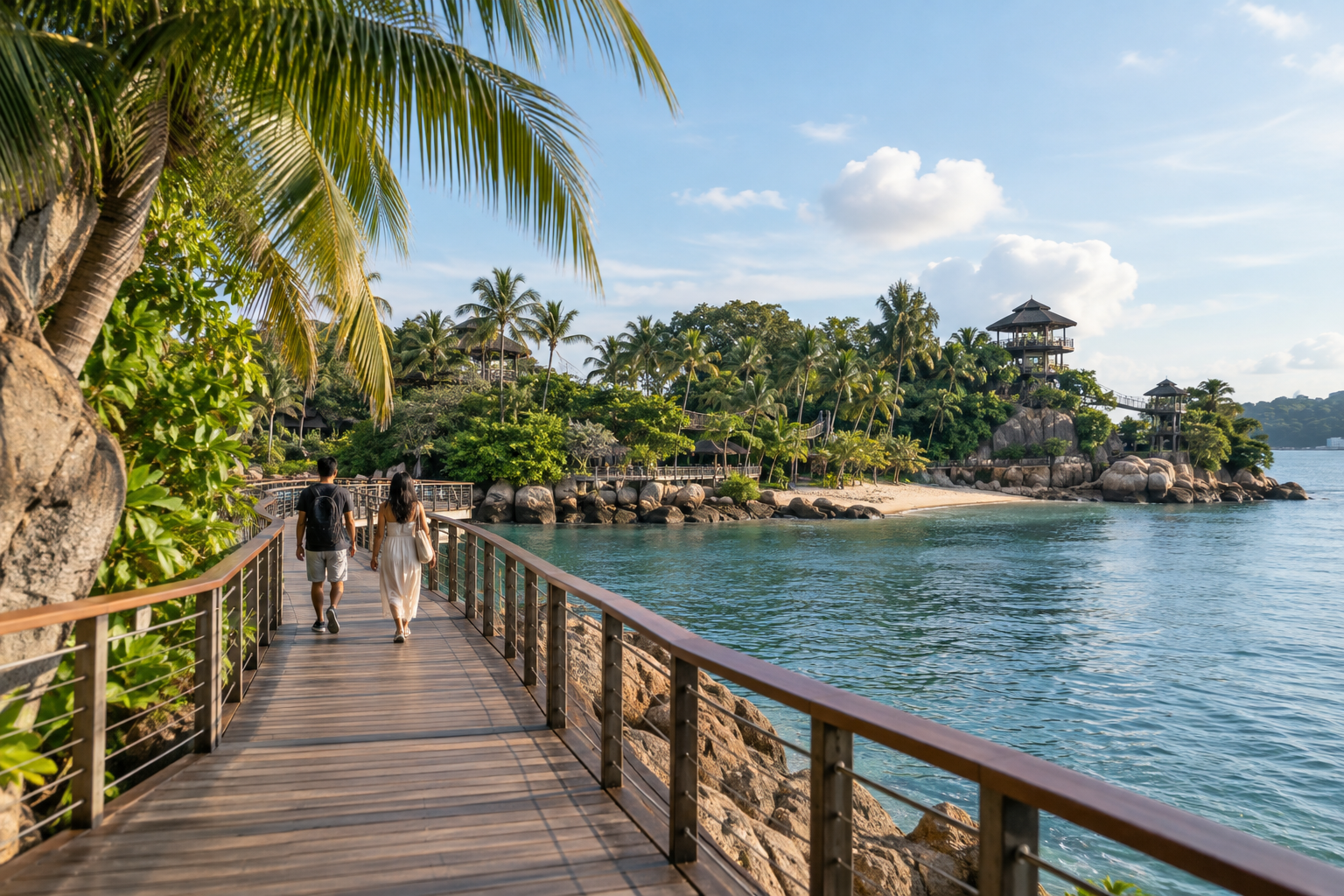 AI illustration of a tropical waterfront boardwalk inspired by Sentosa, not the actual VivoCity arrival route