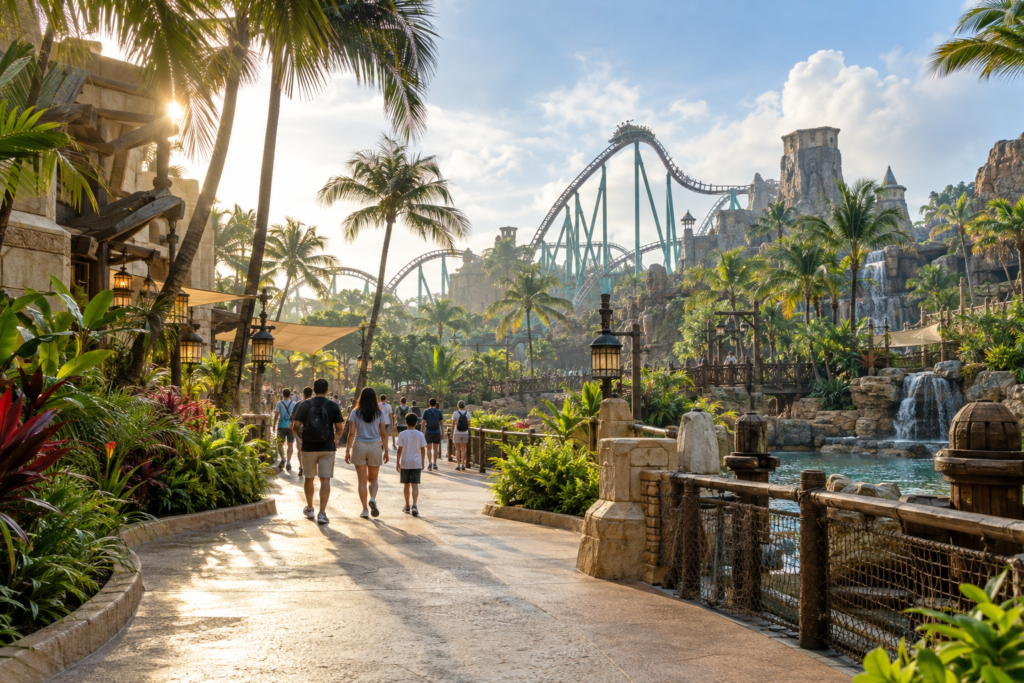 AI illustration of a fictional tropical theme park promenade inspired by Sentosa, with palms and a distant coaster