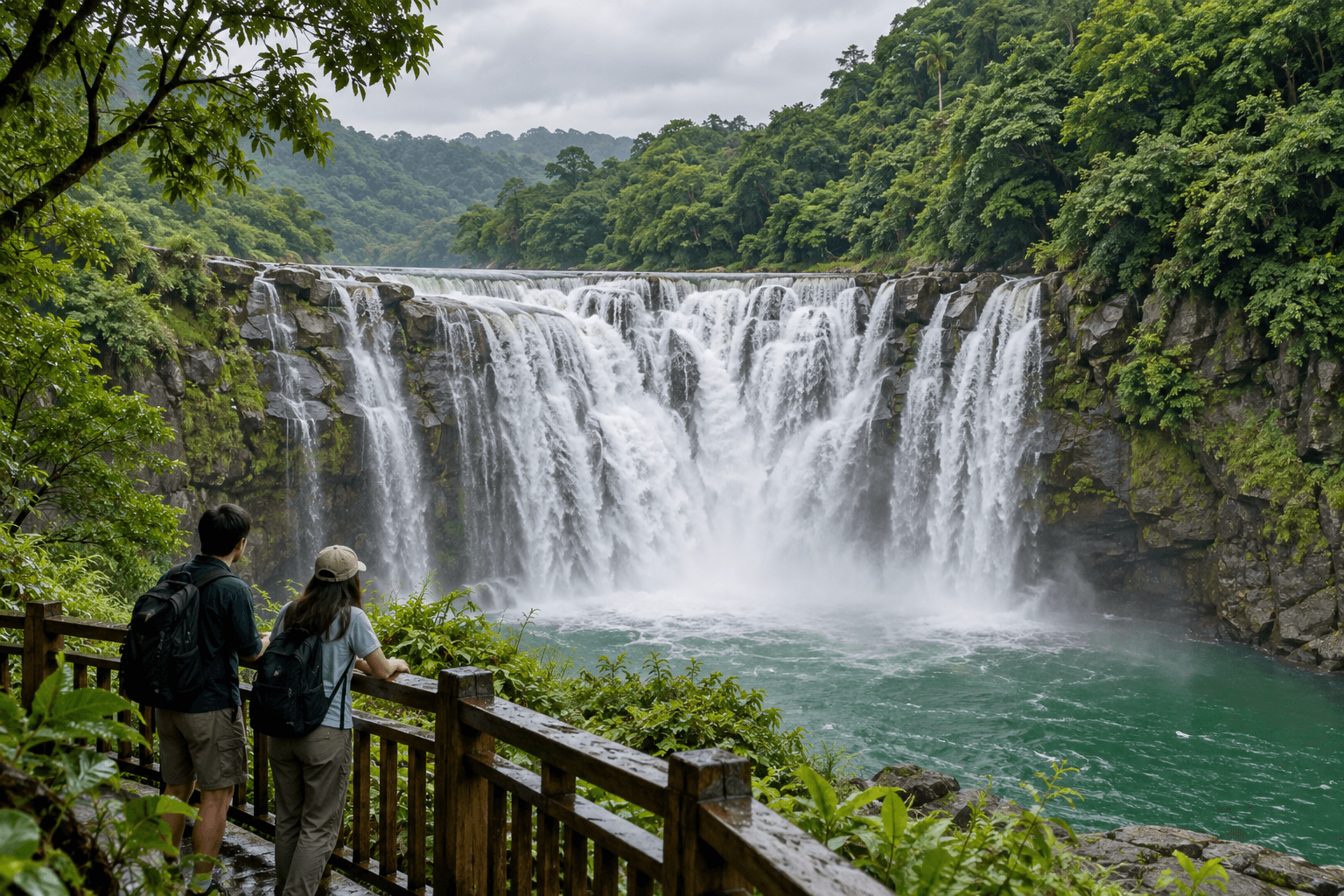 AI illustration of two travelers behind a safety railing facing a broad waterfall in a green Taiwan valley