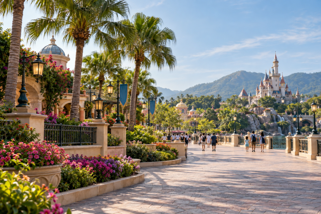 AI illustration of a fictional subtropical theme park promenade with palms and an imaginative distant turret