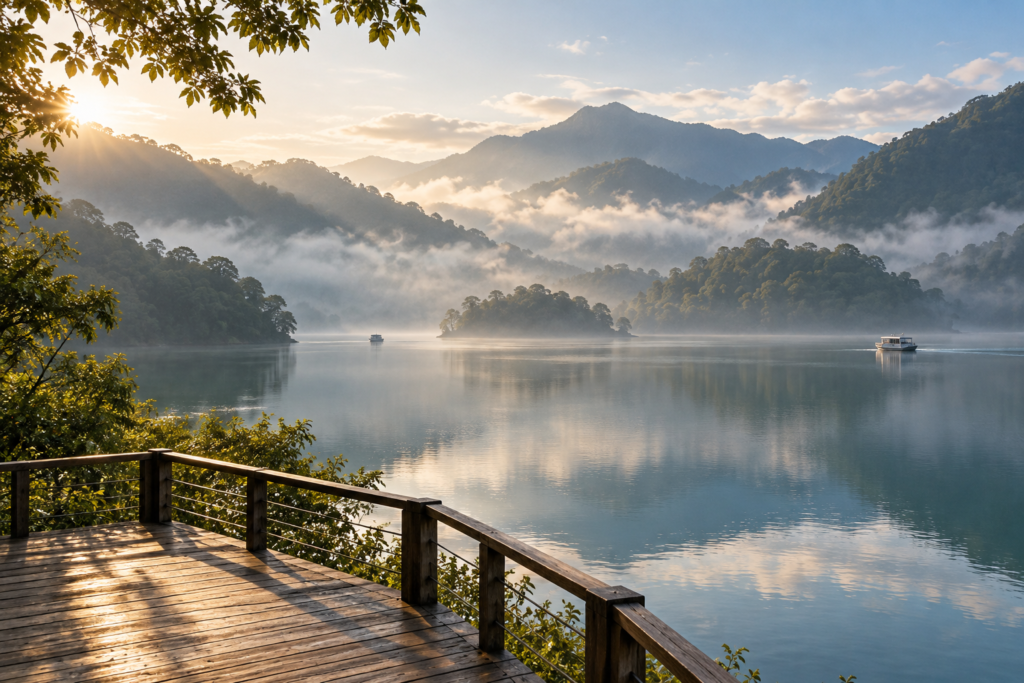 AI illustration of a quiet fictional mountain lake inspired by central Taiwan, with morning mist and a lakeside deck